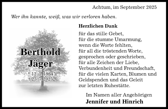 Traueranzeige von Berthold Jäger von Hildesheimer Allgemeine Zeitung