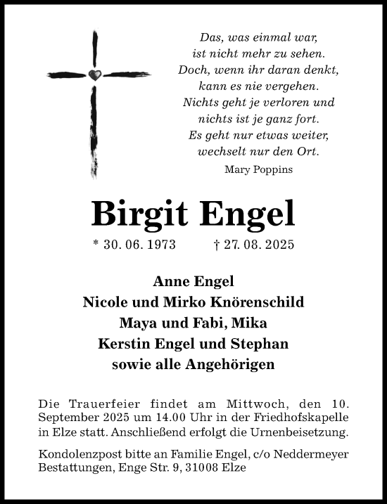 Traueranzeige von Birgit Engel von Hildesheimer Allgemeine Zeitung