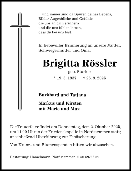 Traueranzeige von Brigitta Rössler von Hildesheimer Allgemeine Zeitung