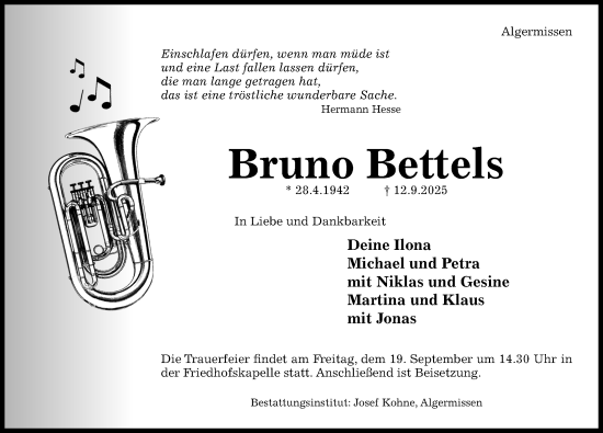 Traueranzeige von Bruno Bettels von Hildesheimer Allgemeine Zeitung