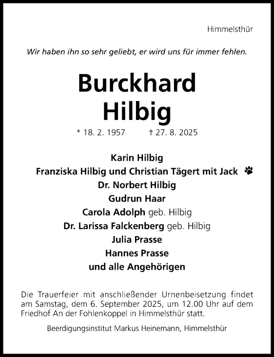 Traueranzeige von Burckhard Hilbig von Hildesheimer Allgemeine Zeitung