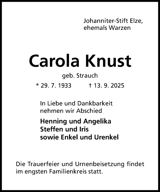 Traueranzeige von Carola Knust von Hildesheimer Allgemeine Zeitung