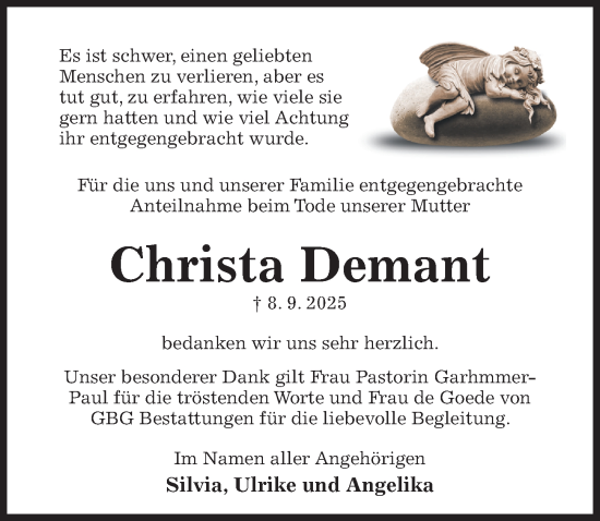 Traueranzeige von Christa Demant von Hildesheimer Allgemeine Zeitung