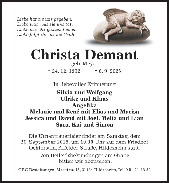 Traueranzeige von Christa Demant von Hildesheimer Allgemeine Zeitung