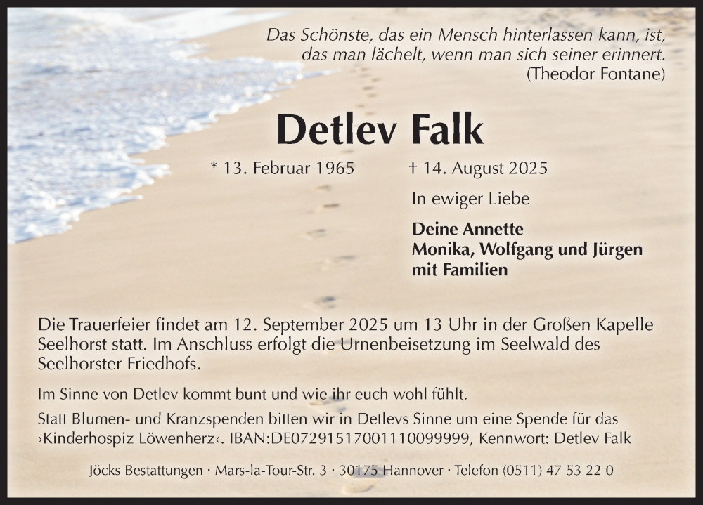  Traueranzeige für Detlev Falk vom 06.09.2025 aus Hildesheimer Allgemeine Zeitung