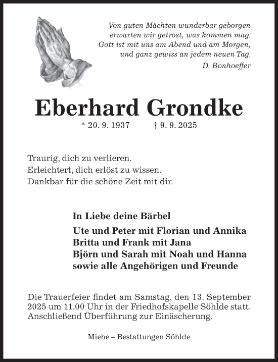 Traueranzeige von Eberhard Grondke von Hildesheimer Allgemeine Zeitung