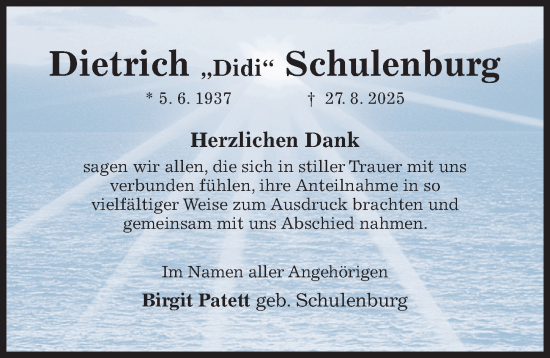 Traueranzeige von Dietrich Schulenburg von Hildesheimer Allgemeine Zeitung