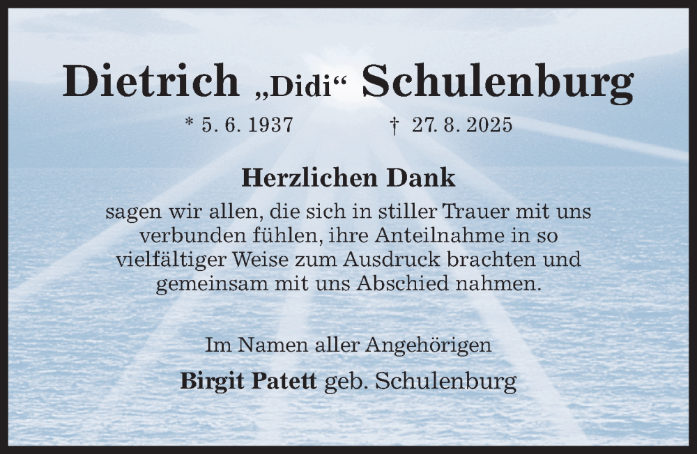  Traueranzeige für Dietrich Schulenburg vom 24.09.2025 aus Hildesheimer Allgemeine Zeitung