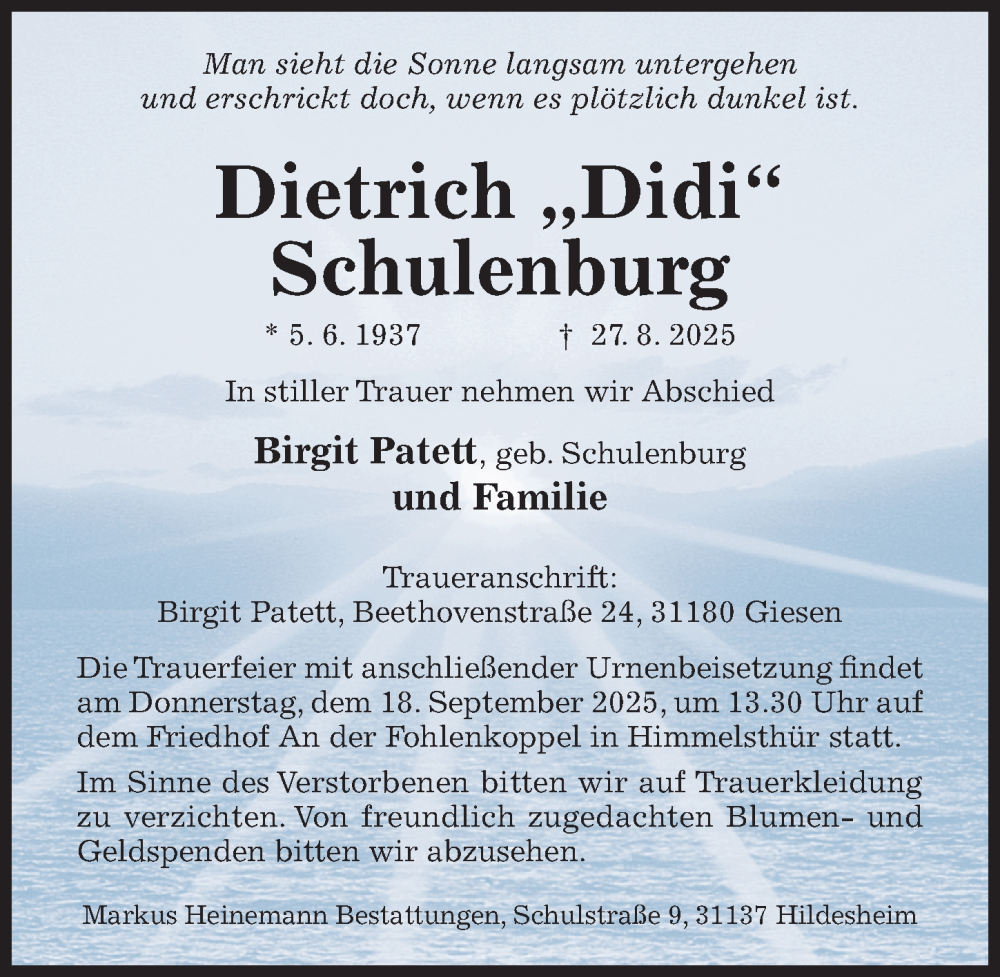  Traueranzeige für Dietrich Schulenburg vom 03.09.2025 aus Hildesheimer Allgemeine Zeitung