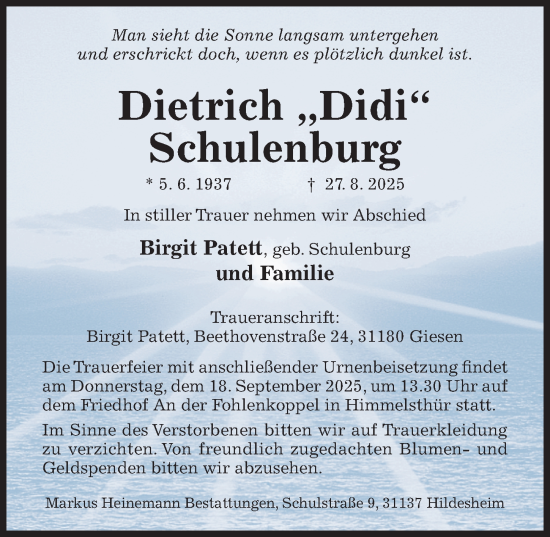 Traueranzeige von Dietrich Schulenburg von Hildesheimer Allgemeine Zeitung
