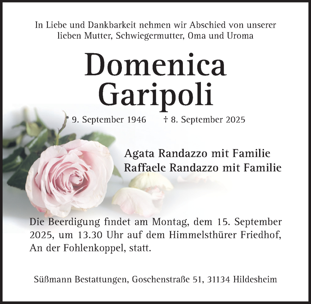  Traueranzeige für Domenica Garipoli vom 10.09.2025 aus Hildesheimer Allgemeine Zeitung