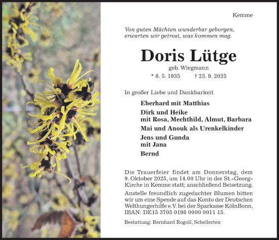 Traueranzeige von Doris Lütge von Hildesheimer Allgemeine Zeitung