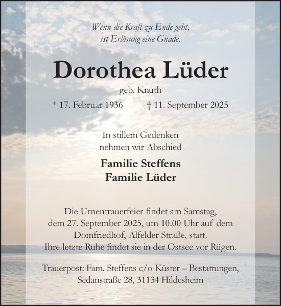 Traueranzeige von Dorothea Lüder von Hildesheimer Allgemeine Zeitung