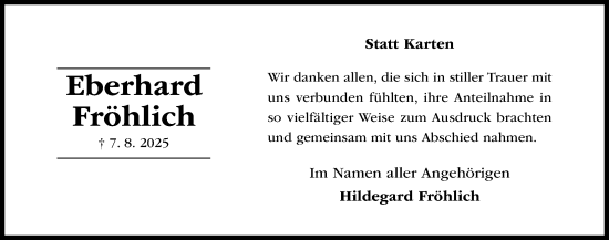 Traueranzeige von Eberhard Fröhlich von Hildesheimer Allgemeine Zeitung
