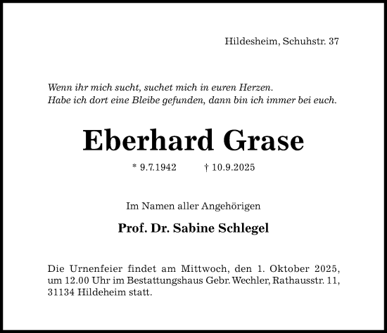 Traueranzeige von Eberhard Grase von Hildesheimer Allgemeine Zeitung