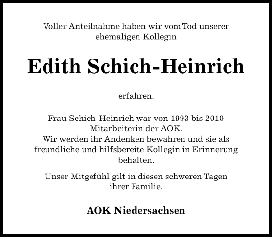 Traueranzeige von Edith Schich-Heinrich von Hildesheimer Allgemeine Zeitung
