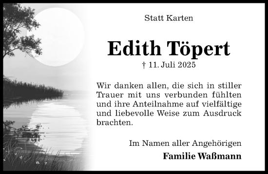 Traueranzeige von Edith Töpert von Hildesheimer Allgemeine Zeitung