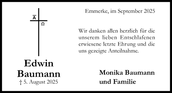 Traueranzeige von Edwin Baumann von Hildesheimer Allgemeine Zeitung