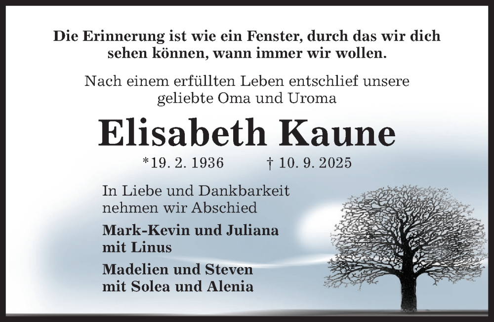  Traueranzeige für Elisabeth Kaune vom 17.09.2025 aus Hildesheimer Allgemeine Zeitung