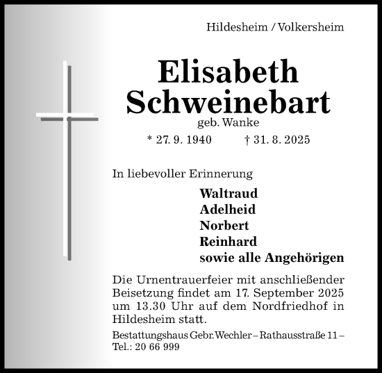 Traueranzeige von Elisabeth Schweinebart von Hildesheimer Allgemeine Zeitung
