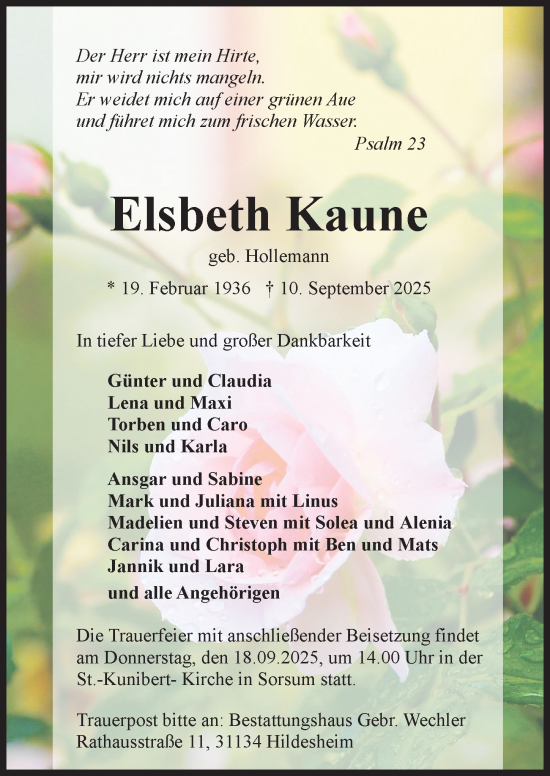 Traueranzeige von Elsbeth Kaune von Hildesheimer Allgemeine Zeitung
