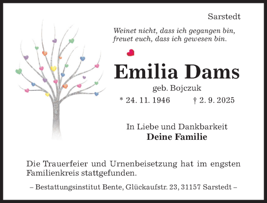 Traueranzeige von Emilia Dams von Hildesheimer Allgemeine Zeitung