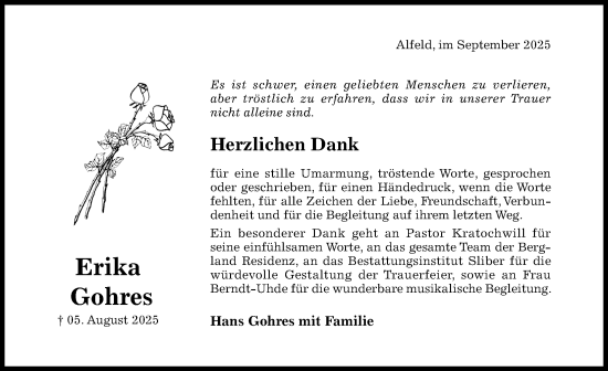Traueranzeige von Erika Gohres von Hildesheimer Allgemeine Zeitung