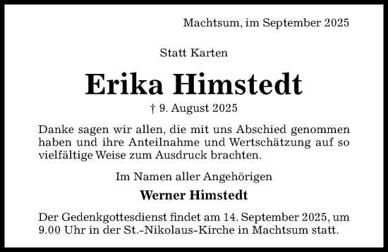 Traueranzeige von Erika Himstedt von Hildesheimer Allgemeine Zeitung