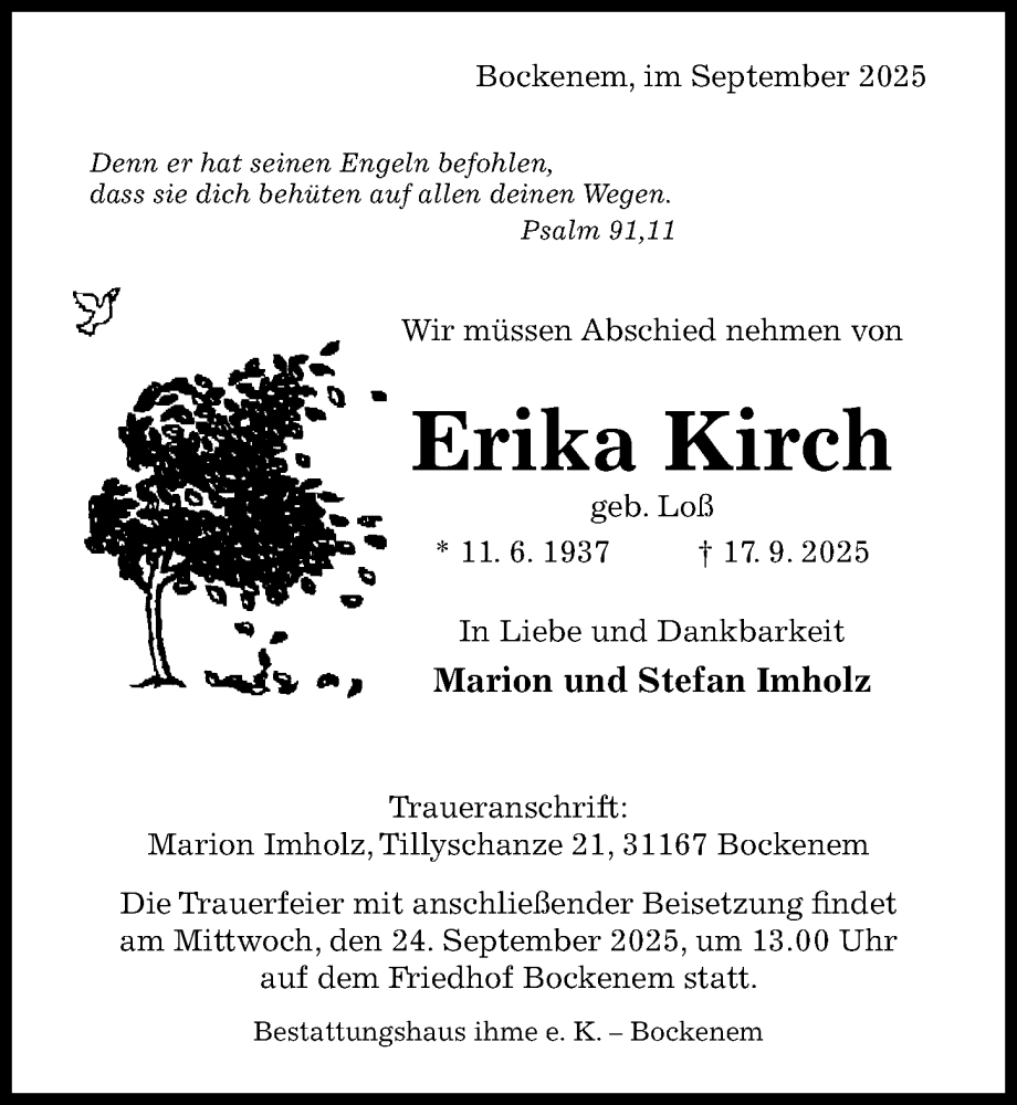  Traueranzeige für Erika Kirch vom 20.09.2025 aus Hildesheimer Allgemeine Zeitung