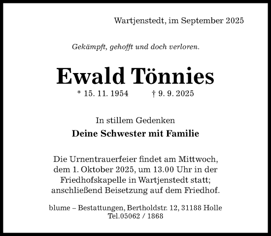 Traueranzeige von Ewald Tönnies von Hildesheimer Allgemeine Zeitung