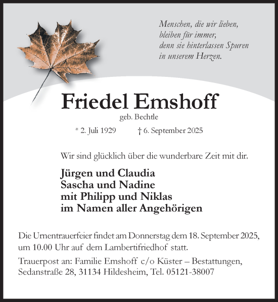 Traueranzeige von Friedel Emshoff von Hildesheimer Allgemeine Zeitung