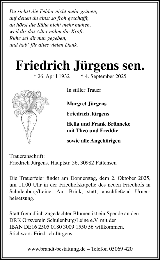 Traueranzeige von Friedrich Jürgens von Hildesheimer Allgemeine Zeitung