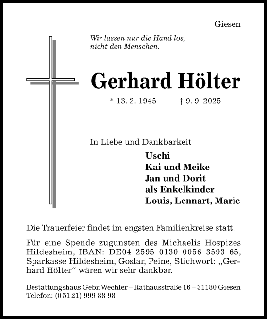 Traueranzeige von Gerhard Hölter von Hildesheimer Allgemeine Zeitung