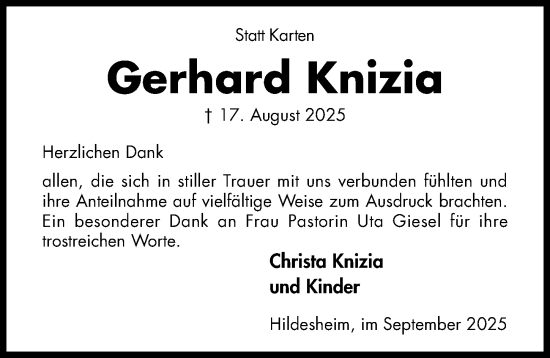 Traueranzeige von Gerhard Knizia von Hildesheimer Allgemeine Zeitung