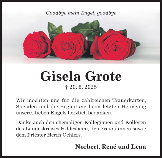 Traueranzeige von Gisela Grote von Hildesheimer Allgemeine Zeitung