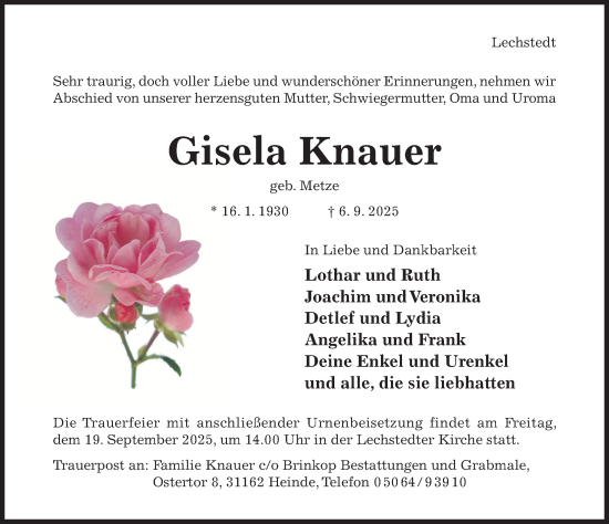 Traueranzeige von Gisela Knauer von Hildesheimer Allgemeine Zeitung