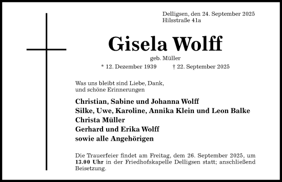Traueranzeige von Gisela Wolff von Hildesheimer Allgemeine Zeitung