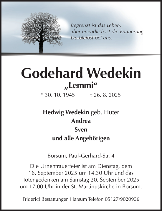 Traueranzeige von Godehard Wedekin von Hildesheimer Allgemeine Zeitung