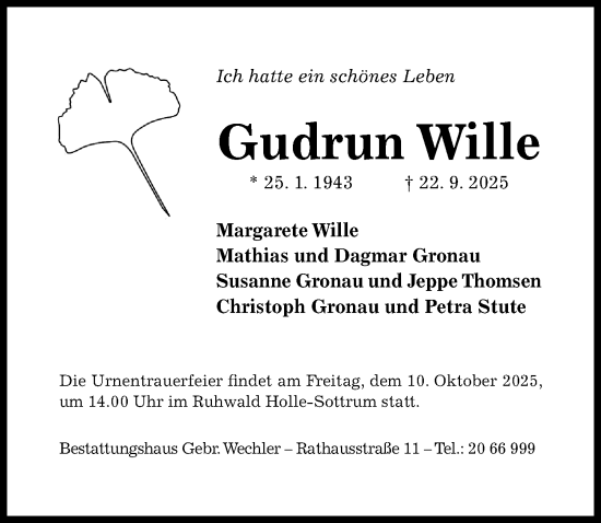 Traueranzeige von Gudrun Wille von Hildesheimer Allgemeine Zeitung