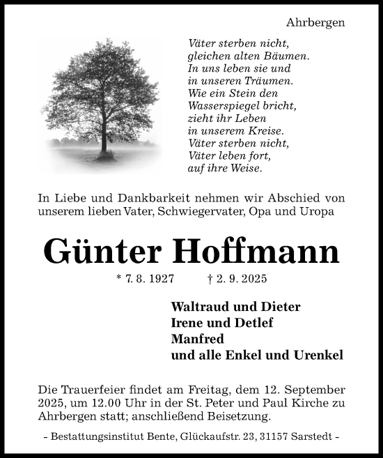 Traueranzeige von Günter Hoffmann von Hildesheimer Allgemeine Zeitung