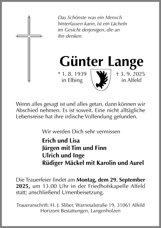 Traueranzeige von Günter Lange von Hildesheimer Allgemeine Zeitung