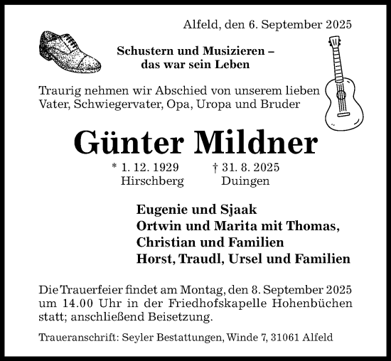 Traueranzeige von Günter Mildner von Hildesheimer Allgemeine Zeitung