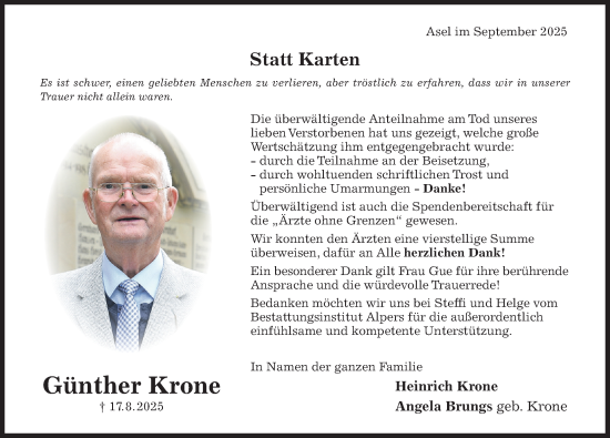 Traueranzeige von Günther Krone von Hildesheimer Allgemeine Zeitung