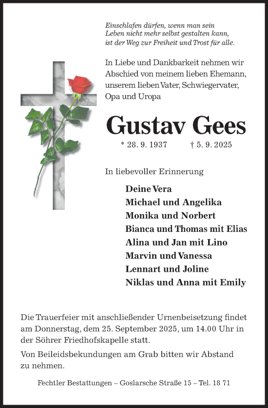 Traueranzeige von Gustav Gees von Hildesheimer Allgemeine Zeitung