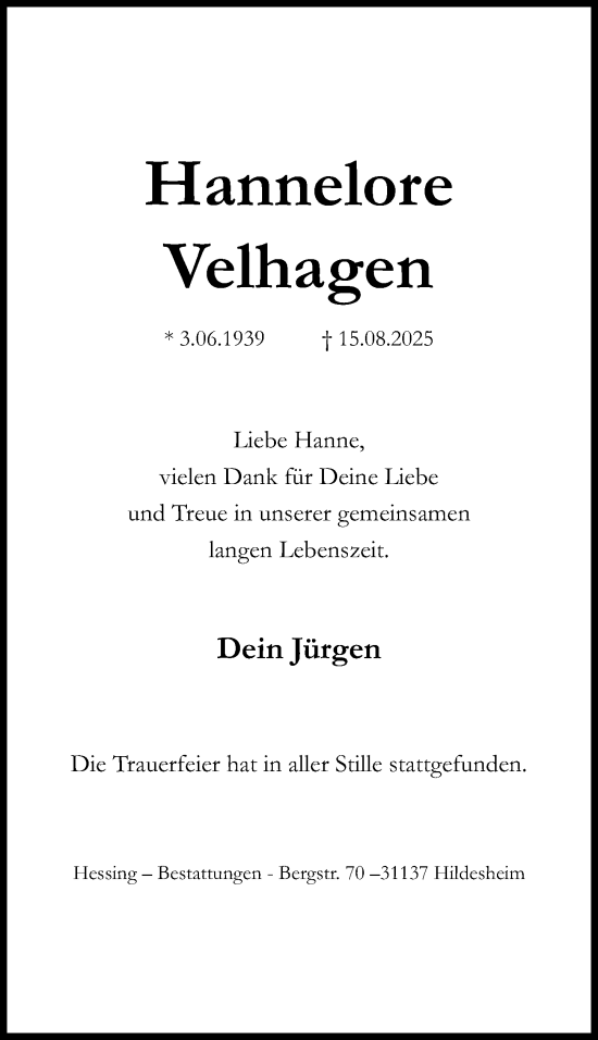 Traueranzeige von Hannelore Velhagen von Hildesheimer Allgemeine Zeitung