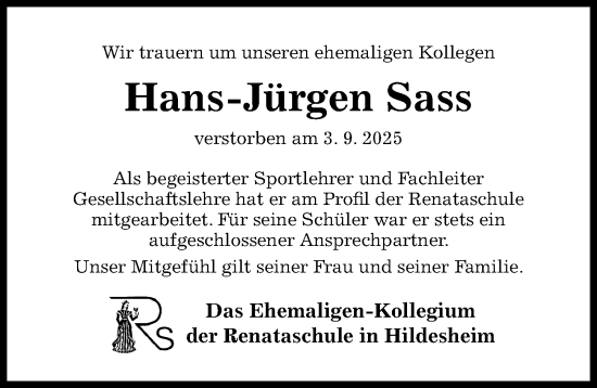 Traueranzeige von Hans-Jürgen Sass von Hildesheimer Allgemeine Zeitung