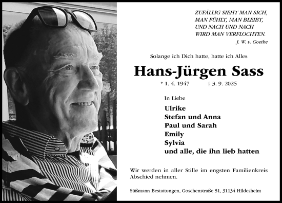 Traueranzeige von Hans-Jürgen Sass von Hildesheimer Allgemeine Zeitung