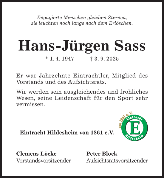 Traueranzeige von Hans-Jürgen Sass von Hildesheimer Allgemeine Zeitung