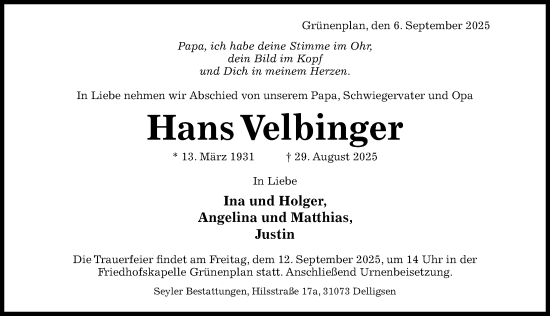 Traueranzeige von Hans Velbinger von Hildesheimer Allgemeine Zeitung