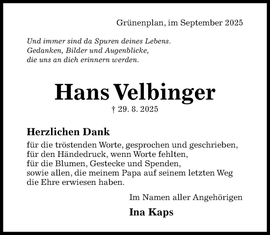 Traueranzeige von Hans Velbinger von Hildesheimer Allgemeine Zeitung